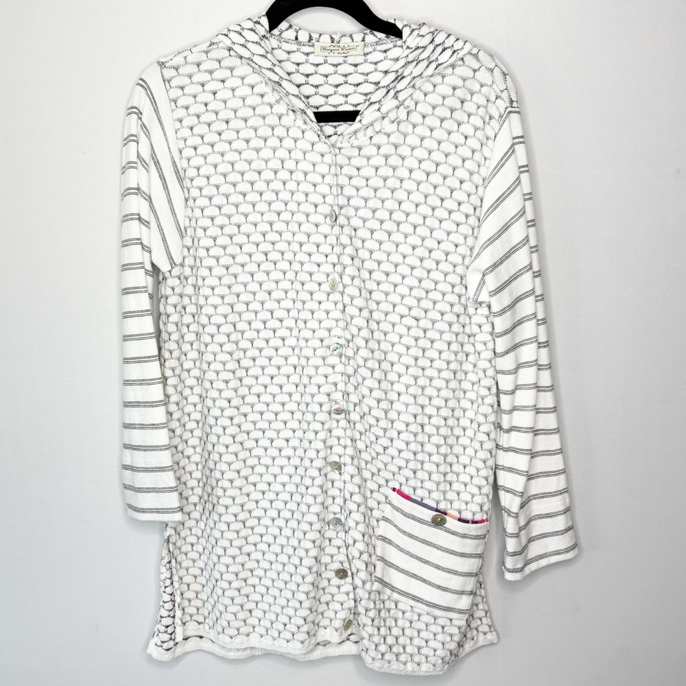 Margaret Winters Hooded Cardigan White Black Textured Honeycomb Knit Medium USA